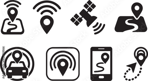 Silhouette GPS tracking icon set with location markers and route symbols for maps and navigation.