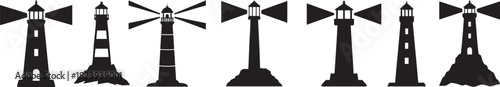 Silhouette lighthouse tower icon set with simple beacon shapes, ideal for maps and coastal guides.