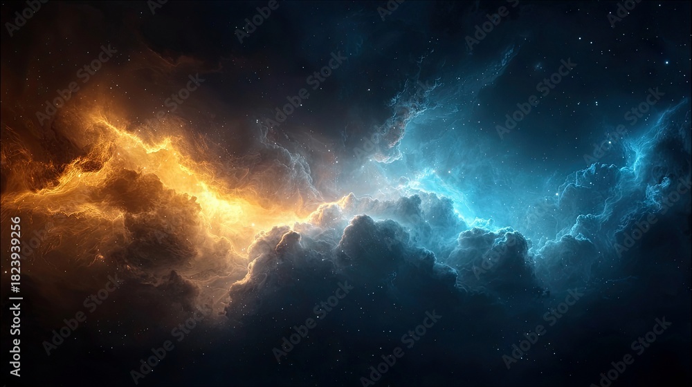 Obraz premium A vast expanse of deep space filled with swirling cosmic clouds. One side glows with intense fiery orange light, while the other is illuminated by vibrant elect