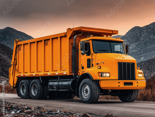 Bright yellow rubbish truck parked on a gravel road surrounded by mountains, showcasing its robust design and functionality in waste management and environmental services