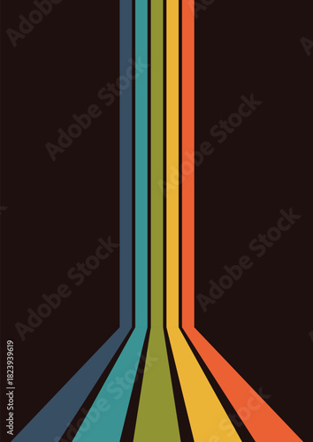 Retro colorful lines converging forward on dark background