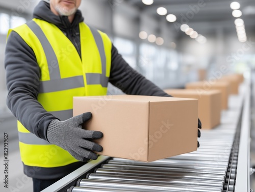 Worker in safety vest and gloves handling cardboard box on conveyor belt in modern warehouse, showcasing logistics and distribution processes in action