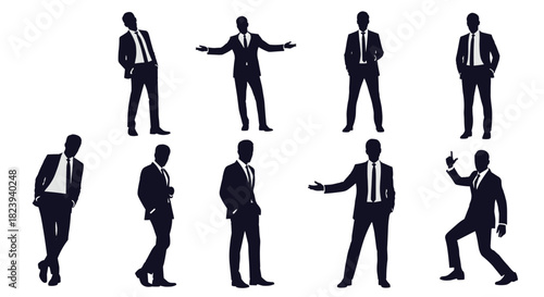 Collection of nine dynamic businessman silhouettes in professional suits, showcasing a variety of poses and gestures for corporate and business-themed projects.