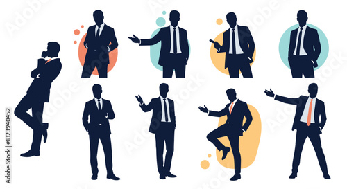 Set of nine modern businessman silhouettes in various professional poses, enhanced with abstract colored shapes for a contemporary corporate-themed graphic collection.