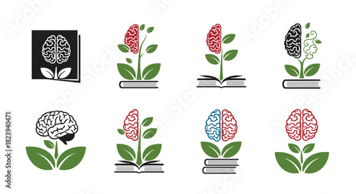 Collection of symbolic logo icons representing knowledge and mental growth, featuring a brain combined with a growing plant, often sprouting from a book.