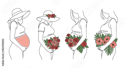 Set of four elegant one-line art illustrations of a pregnant woman in profile, tenderly holding her belly, with beautiful floral and hat decorations.