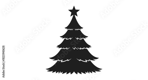 Minimalist Black Silhouette of a Stylized Christmas Tree with Star Topper Isolated on White Background