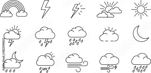 Line art weather icons sun, cloud, rain, lightning, wind, rainbow, moon symbols for forecast