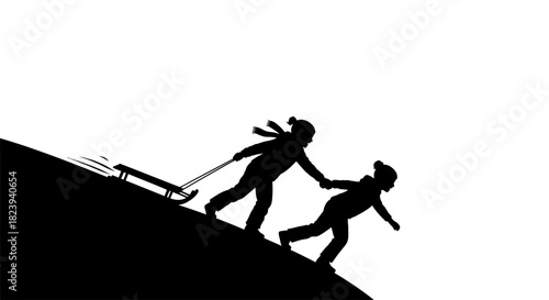 Silhouette of Two People Helping Each Other Climb a Snow Hill with a Sled Teamwork Icon