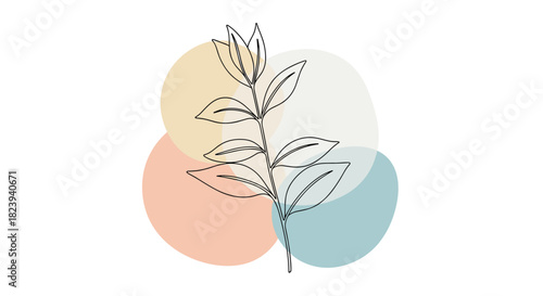 Simple and modern one-line art of a leafy botanical stem, elegantly placed over three overlapping circular shapes in a soft, contemporary color palette.