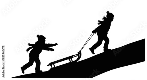 Silhouette of Two Children Pulling a Sled Uphill in Winter Snow Fun Vector Graphic