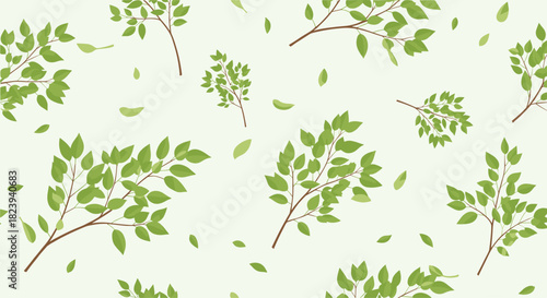 Seamless and refreshing nature pattern featuring delicate tree branches with vibrant green leaves, creating a calm and organic background for various design projects.