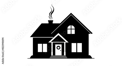 Cozy Black Silhouette of a Traditional House with Chimney Smoke and Wreath Icon