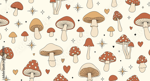 Groovy and whimsical seamless pattern featuring retro-style mushrooms, hearts, and sparkles in a warm, earthy color palette for a vintage 70s vibe design.