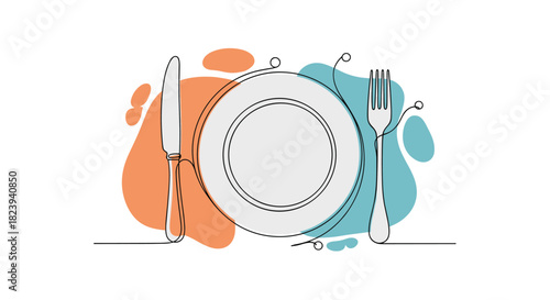 Minimalist one-line drawing of a dinner setting with a plate, fork, and knife, presented in a modern style with abstract blue and orange color blocks.