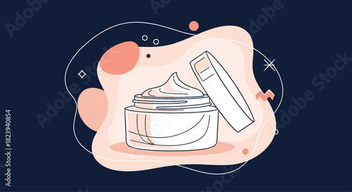Modern line art illustration of an open jar of cosmetic cream, set against a dark background with abstract pink shapes and decorative elements for beauty concepts.