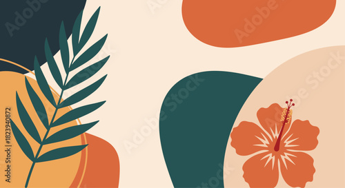 Abstract tropical background featuring organic shapes in earthy tones, elegantly combined with a hibiscus flower and a palm leaf for a modern, natural aesthetic.