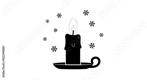 Black Silhouette Candle with Melting Wax and Snowflakes on White Background for Winter Holidays