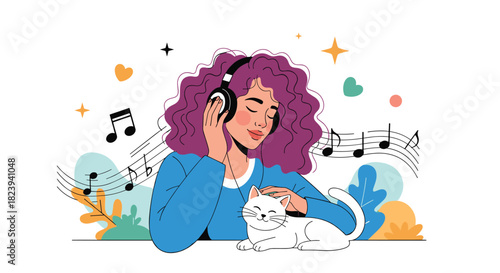 Happy young woman with purple hair listening to music on headphones while petting her white cat, surrounded by musical notes and abstract nature elements.