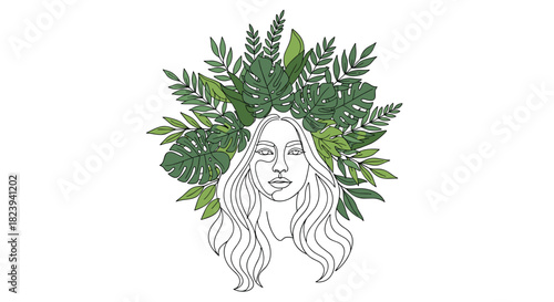 Beautiful one-line art portrait of a woman's face framed by a lush crown of various green tropical leaves, symbolizing a deep connection with nature.