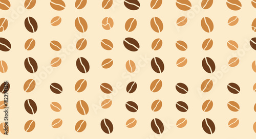 Seamless pattern of roasted coffee beans in various shades of brown on a light beige background, perfect for a coffee shop, cafe, or restaurant theme.