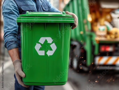 Green recycling bin held by worker in gloves, with rubbish truck in background, showcasing waste management and environmental sustainability concept in urban setting