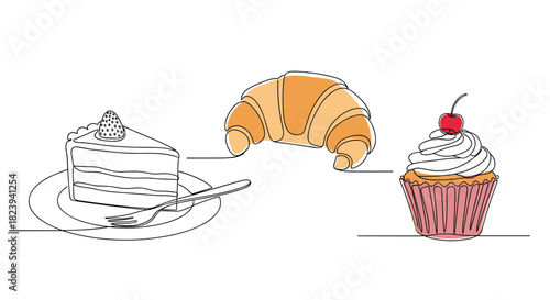 Minimalist one-line art of delicious bakery items, including a slice of cake, a croissant, and a cupcake, drawn continuously and accented with color.
