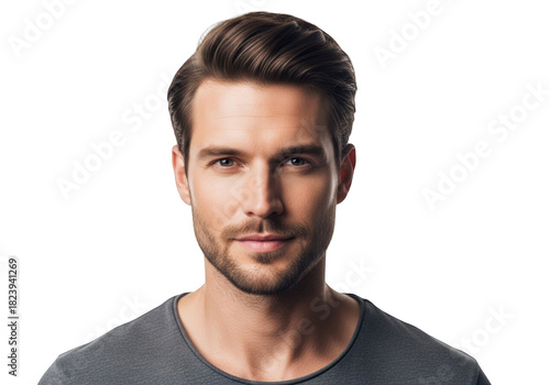 A professional portrait of a man with a short haircut and a beard, wearing a simple gray shirt, actor, beard, face, gray, man, portrait, pose 