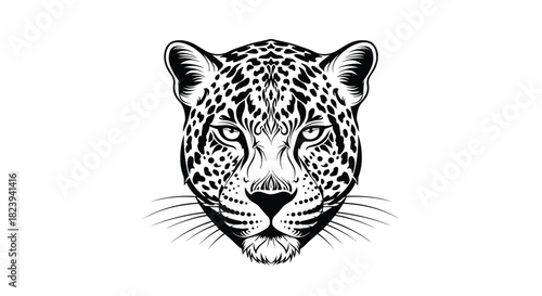 Symmetrical and powerful black and white portrait of a leopard's head, intricately detailed in a tribal or tattoo style, staring directly forward.