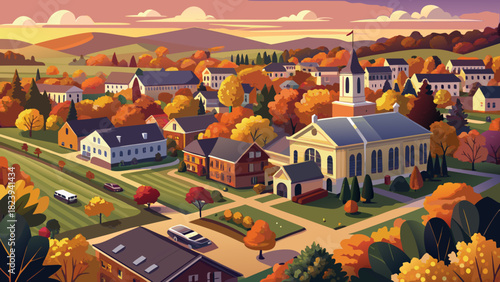 Very beautiful aerial view of Lititz, Pennsylvania in autumn, featuring the Post Office and local school at dusk, surrounded by colorful fall foliage and warm evening light in a clean, stock-friendly 