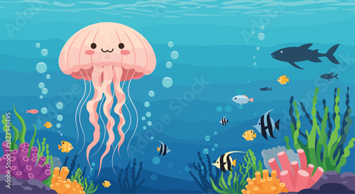 Cute and colorful underwater scene featuring a smiling pink jellyfish, a variety of tropical fish, and vibrant coral reefs in a beautiful blue ocean.