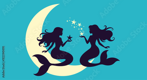 Whimsical silhouette of two mermaids sitting on a crescent moon against a blue sky, sharing a magical moment with sparkling stars between their hands.