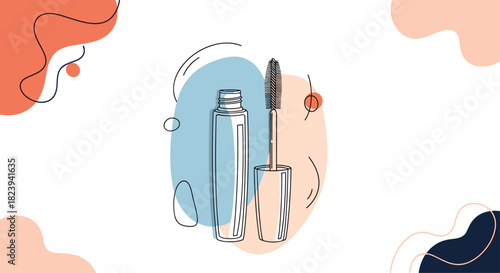 Modern and stylish line art illustration of a mascara tube and wand, framed by abstract, colorful organic shapes on a clean white background for a beauty blog.
