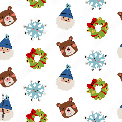 Pattern with Christmas characters. Flat colored New Year people, animals, objects in a seamless texture. Santa's helper gnome, snowflake, Christmas wreath, bear for digital design or greeting cards