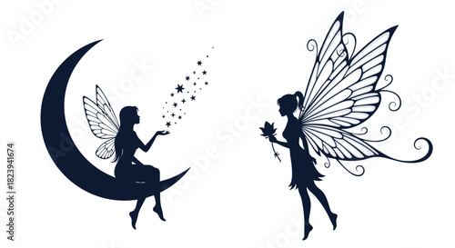 Enchanting silhouettes of two beautiful fairies, one sitting on a crescent moon releasing stars, and the other flying with a delicate flower in hand.