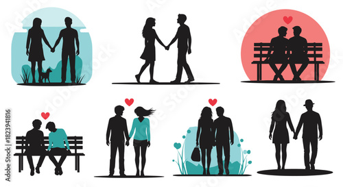 Collection of romantic couple silhouettes in various loving poses, such as holding hands, walking together, and sitting on a bench, perfect for Valentine's Day.
