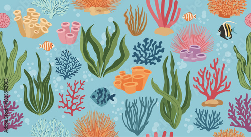 Vibrant seamless underwater pattern featuring colorful corals, various seaweeds, and tropical fish on a light blue background.