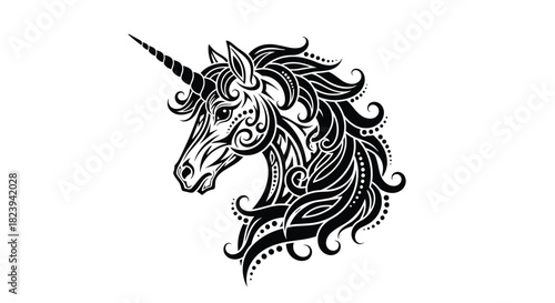 Intricate black and white ornamental illustration of a mythical unicorn head with a swirling mane in a decorative tattoo style.