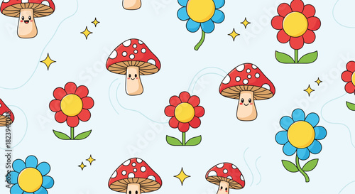 Adorable seamless pattern featuring cute smiling cartoon mushrooms, colorful flowers, and sparkling stars on a light blue background.