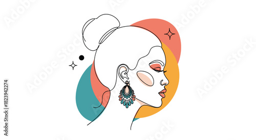 Elegant one-line art portrait of a woman in profile with her hair in a bun, wearing makeup and ornate earrings, against abstract shapes.