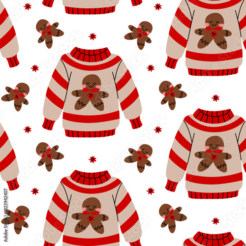 Seamless flat pattern of ugly striped Christmas sweaters with a brown gingerbread man. Decorative texture with festive elements for a festive textile print or gift wrapping paper.