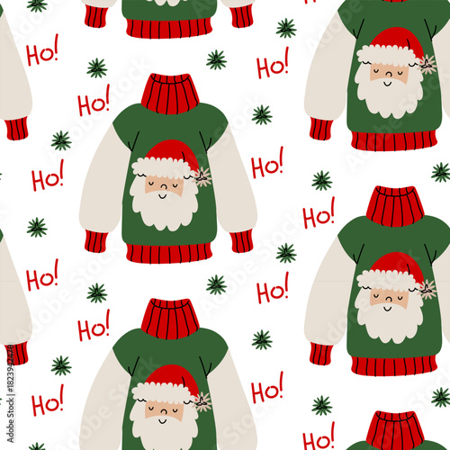 Seamless flat pattern of ugly green Christmas sweaters with Santa Claus and HO. Decorative texture with festive elements for a festive textile print or gift wrapping paper