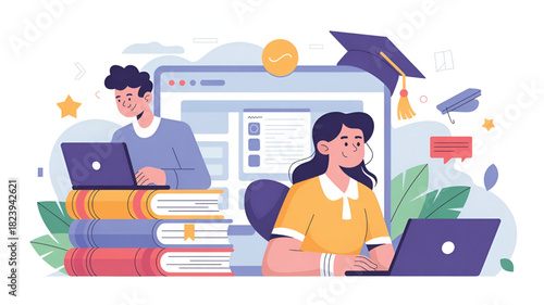Online education vector illustration students learning with laptops studying remotely for web design and e-learning platforms
