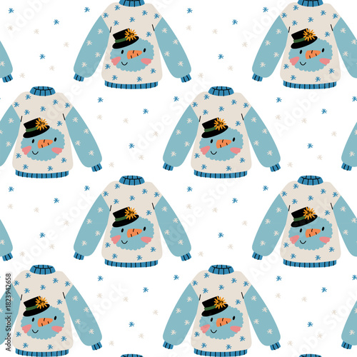 Seamless flat pattern of blue ugly short-neck Christmas sweaters with a snowman character. Decorative texture with festive elements for a festive textile print or gift wrapping paper.