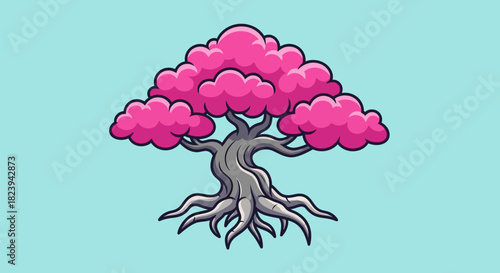 Stylized Pink Tree with Gnarled Trunk and Exposed Roots.