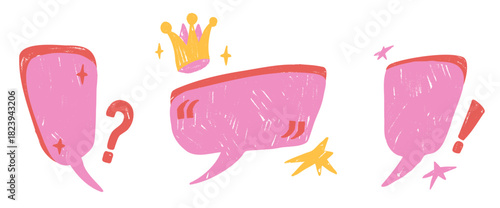 Kids speech bubbles with punctuation marks. Hand drawn girly crayon text boxes frames set with crown. Chalk crayon promo callout textured shapes. Vector text balloon testimonial isolated no background