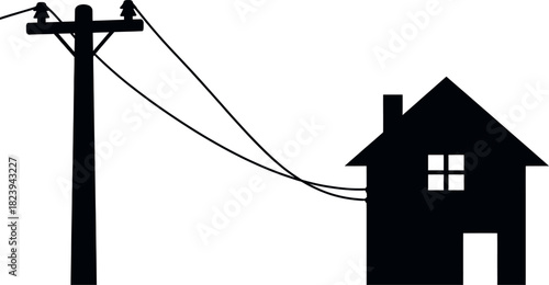 Silhouette of a house connected to a utility pole by power lines, symbolizing electricity and home energy supply