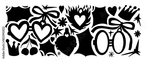 Couple heart shape lockets silhouette, paper frame for text or photo with bang callout. Hand drawn cutout sticker with crown, star, bow with doodle elements. Vector Valentine simple illustration no bg