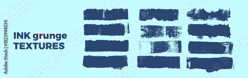 Set of blue rectangle ink textures. Printmaking paint brush rectangle shapes. Brayer grunge text boxes elements. Wide brush stroke set. Quotation boxes grange texture. Vector ink rolled borders bg.