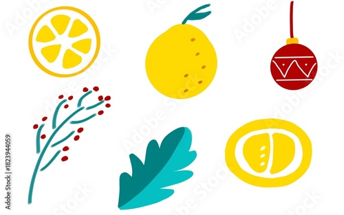 Hand-drawn festive citrus and holiday doodle set, doodle set collection